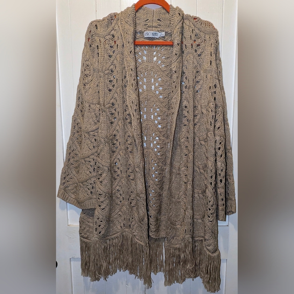 RETRO THREADS Large open weave long cardigan with fringe bottom